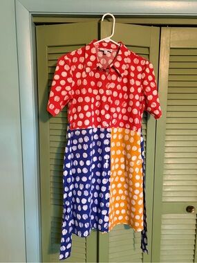 Busayo Collective Bright Colorblock Polka Dot Shirt Dress in Red, Blue & Yellow